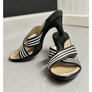 Soft Sandals Womens US 6M Black White Striped Leather Heels Shoes Slides Strap